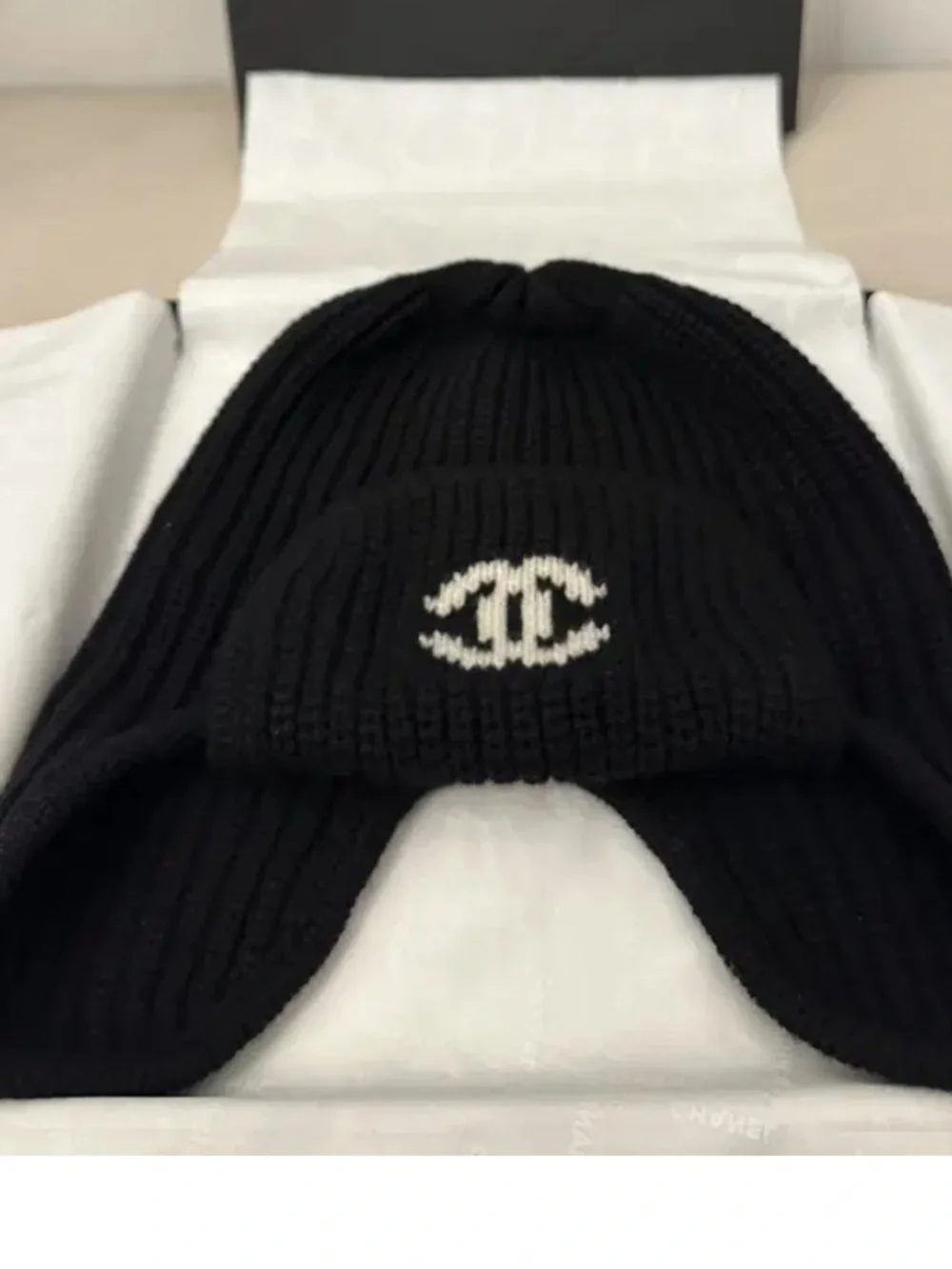 🖤 Double C Designer Neige Black Knit Winter Beanie Ski Hat Snow Cap